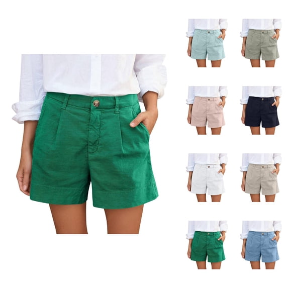 Cotton Linen Shorts for Women Summer Casual Lightweight Wide Straight Leg Loose Work Shorts with Pockets