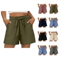 thumbnail image 1 of Cotton Linen Shorts for Women Summer Casual Soft Lightweight Elastic Waist Wide Leg Loose Beach Shorts with Pockets, 1 of 5