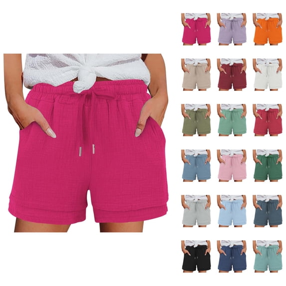 Cotton Linen Shorts for Women Summer Lightweight Elastic Waist Wide Leg Loose Beach Shorts with Pockets
