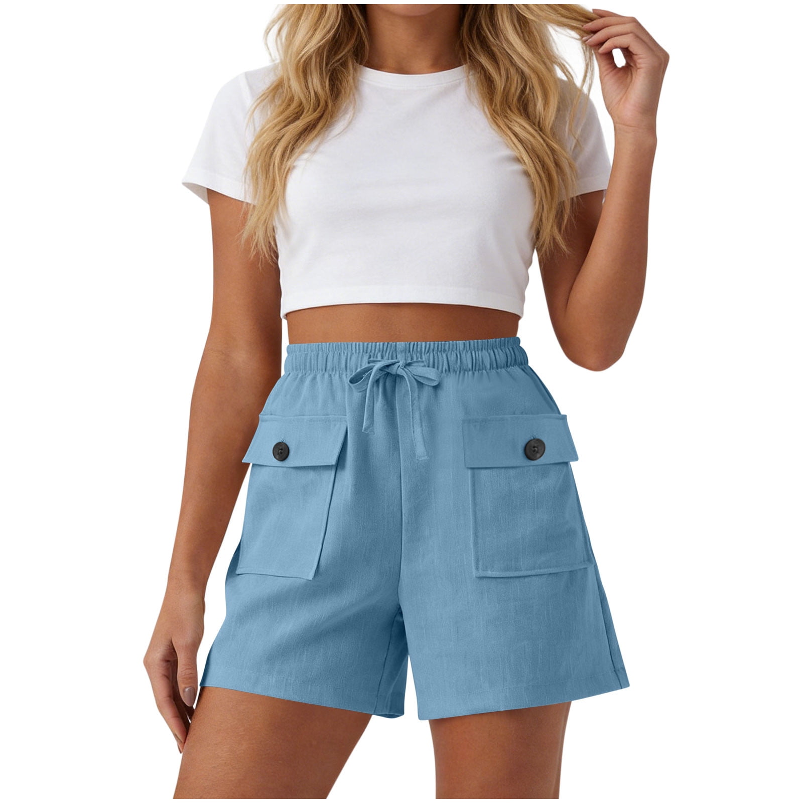 Cotton Linen Shorts for Women with Flap Pockets Tie Elastic Waist ...