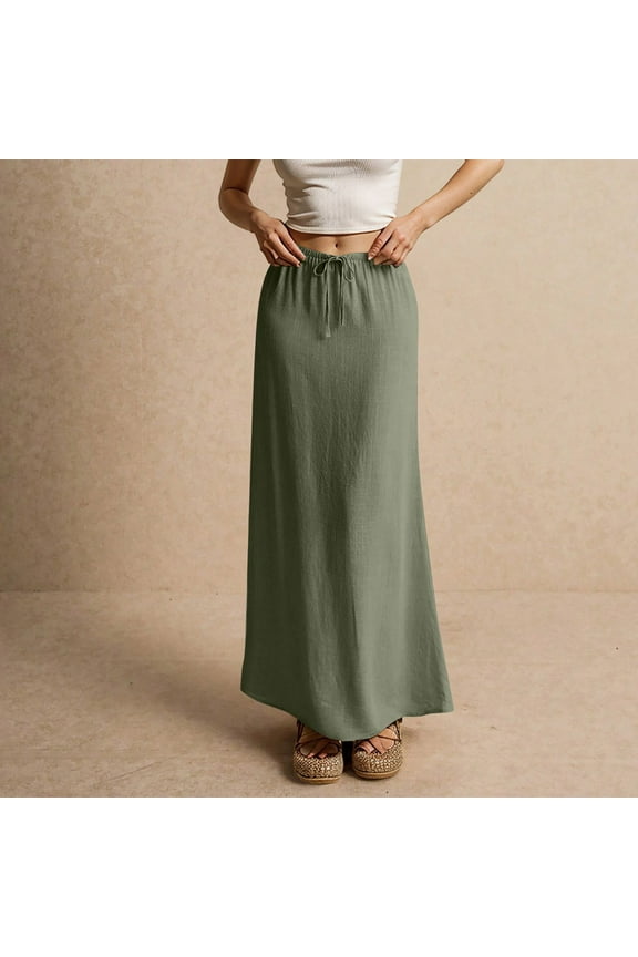 Womens Cotton Linen Skirts Trendy Elastic Waist Drawstring Long Skirts with Slit Army Green M