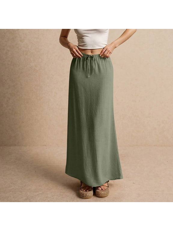 Cotton Linen Skirts for Women Maxi Length Summer Skirts Drawstring Low Rise A-Line Casual Loose Flowy Long Beach Skirt Army Green XL