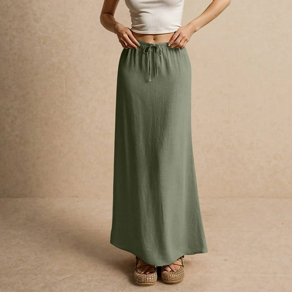 Cotton Linen Skirts for Women Maxi Length Summer Skirts Drawstring Low Rise A-Line Casual Loose Flowy Long Beach Skirt Army Green XXL