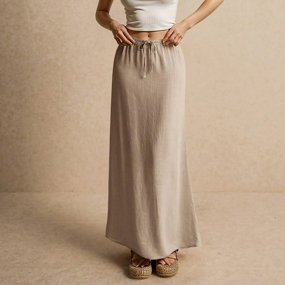 Cotton Linen Skirts for Women Maxi Length Summer Skirts Drawstring Low Rise A-Line Casual Loose Flowy Long Beach Skirt Beige XL
