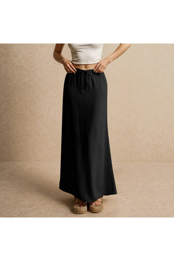 Cotton Linen Skirts for Women Maxi Length Summer Skirts Drawstring Low Rise A-Line Casual Loose Flowy Long Beach Skirt Black M