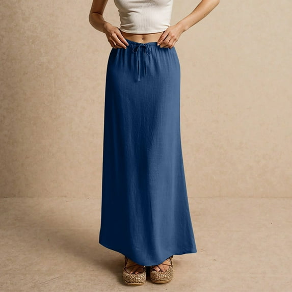 Cotton Linen Skirts for Women Maxi Length Summer Skirts Drawstring Low Rise A-Line Casual Loose Flowy Long Beach Skirt Dark Blue XXL