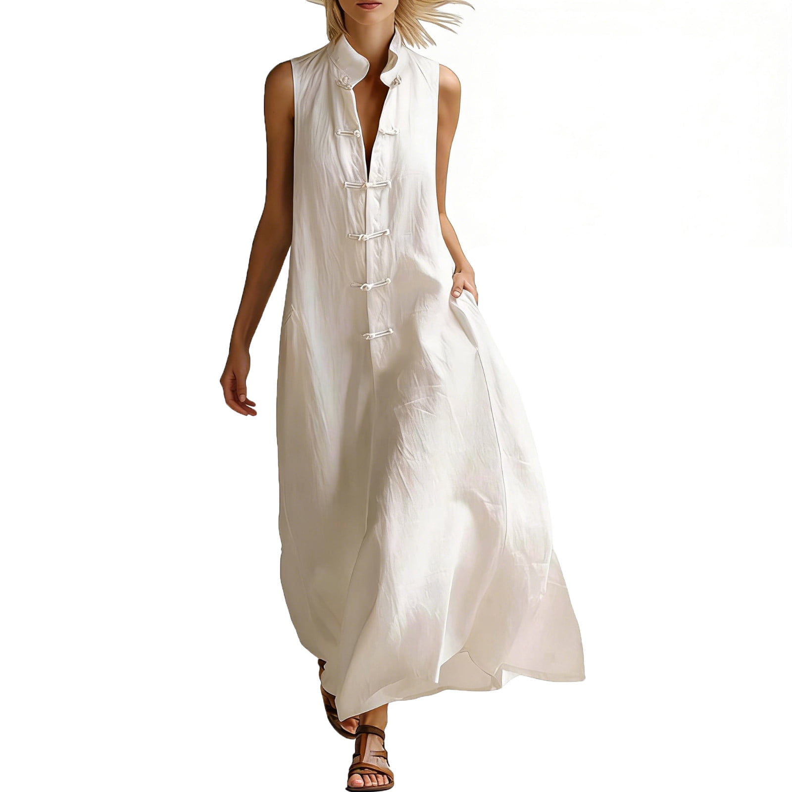 Cotton Linen Sleeveless Maxi Dress For Women Mandarin Collar Chinese ...