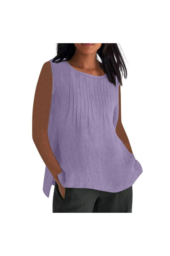Cotton Linen Sleeveless Top for Women Crewneck Solid Color Tank Shirt Casual Comfort Plus Size Side Split Tunic TankTank Sale