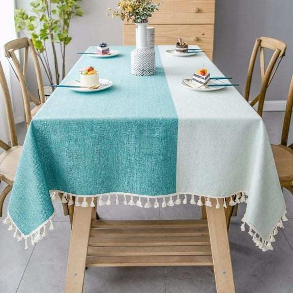 Cotton Linen Solid Color Tablecloth Stitching Tassel Heavy Weight Table Cover for Kitchen Dining Home Tabletop Decorations, Square 55 x 55 Inch, Teal
