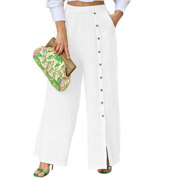 Cotton Linen Straight Wide Leg Pants for Women High Waist Side Slit Palazzo Pants with Pockets Solid Color Button Casual Ankle Trousers
