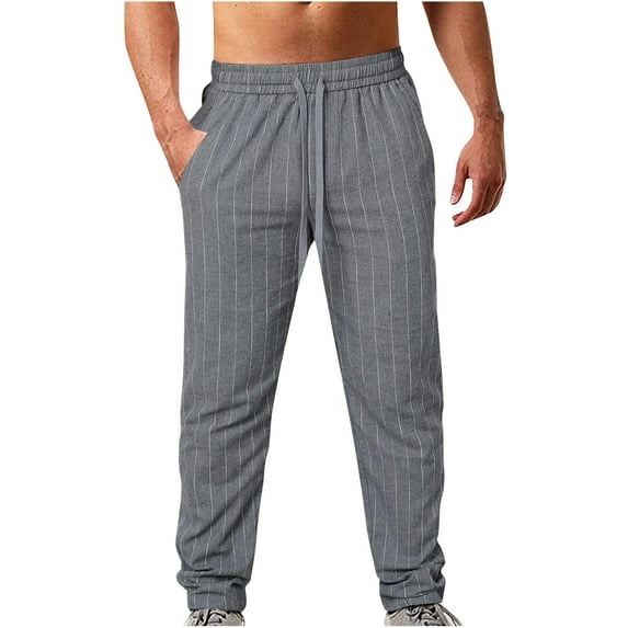 Cotton Linen Striped Pants Men Casual Summer Beach Elastic Drawstring Waist Yoga Pants Travel Baggy Work Pant Pajama Size 3XL Gray