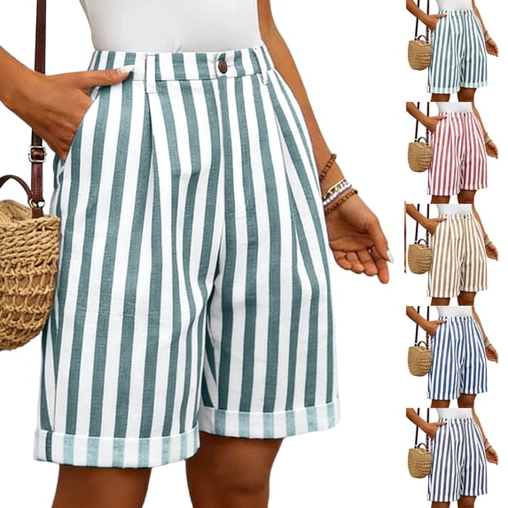 Cotton Linen Striped Shorts for Women 2026 Casual High Waist Pleated Shorts with Pockets Comfy Summer Shorts Green XL