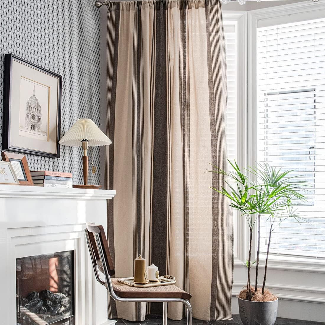 Green Striped Cotton Linen Curtain – Farmhouse Style, Room Darkening, Rod Pocket Panel (59x87)