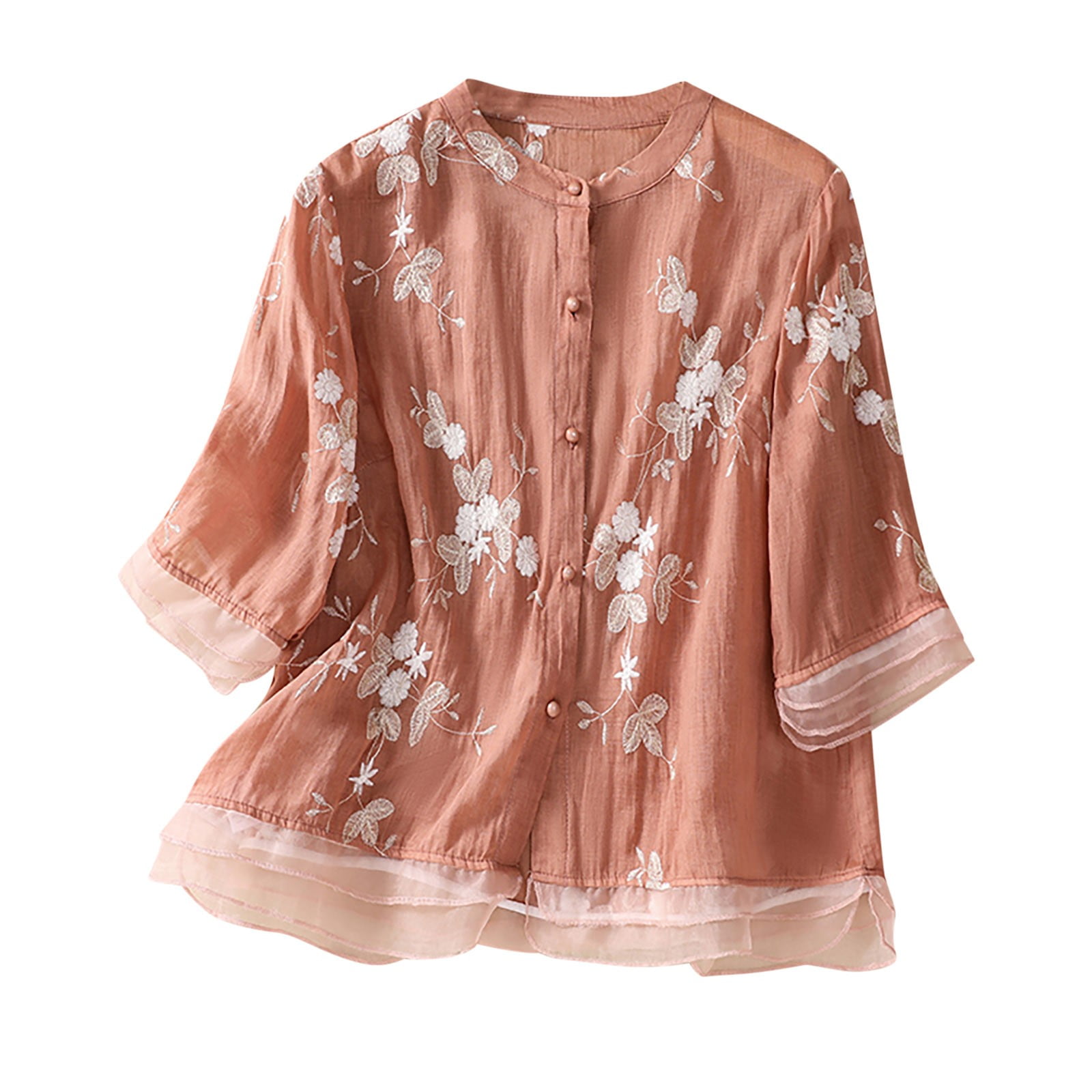 Chinese Style Orange Stand Collar Print Linen Blouse Top Half Sleeve main image 0
