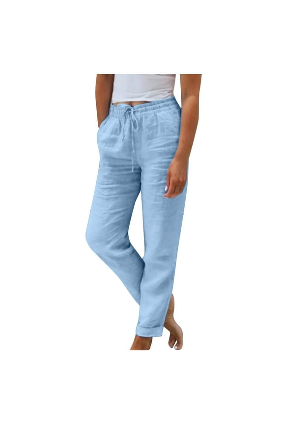 Cotton Linen Summer Pants for Women High Waist Elastic Casual Streetwear Solid Clothes Loose Pencil Pants