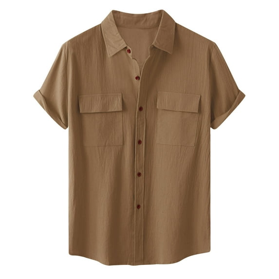 Cotton Linen Summer Shirt for Mens Button Up Shirts Short Sleeve Casual Solid Turndown Collar Beach Shirts for Men