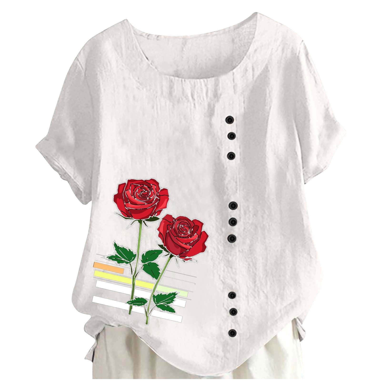 Cotton Linen Summer Tops Women Short Sleeve Floral Printed Loose ...
