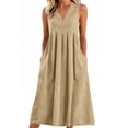 thumbnail image 1 of Cotton Linen Sundress Womens Sleeveless V Neck Pleated A-line Tank Midi Dresses with Pockets Holiday Outfits (L, Khaki), 1 of 6