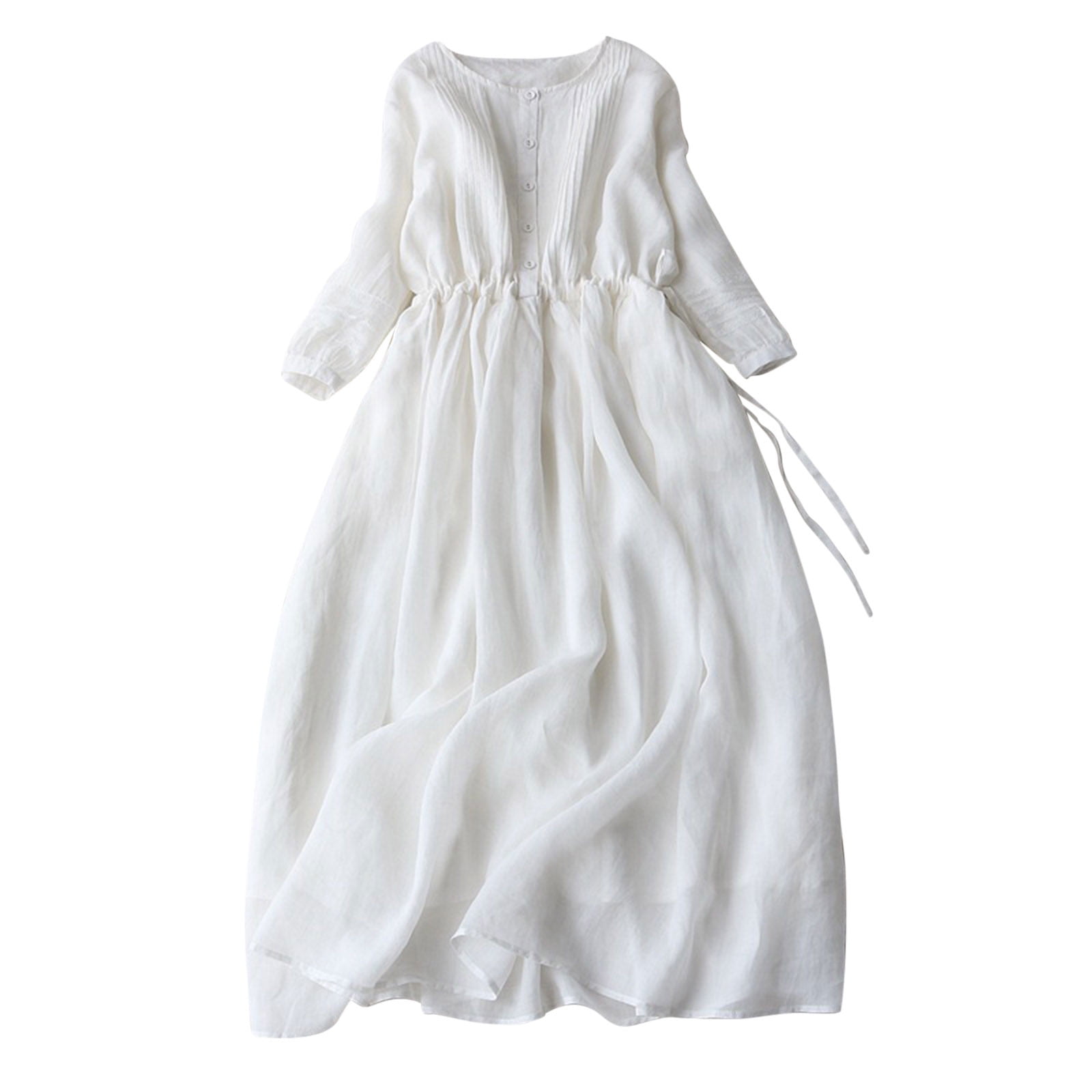 Cotton Linen Sundress for Women 3/4 Sleeve Crewneck Button up Dress Tunic  Drawstring Solid Color Double Layer Maxi Dresses - Walmart.com