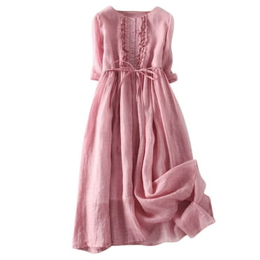 Cotton Linen Sundress for Women Solid Color 3/4 Sleeve Button Maxi Dress Tunic Bow Tie Front Layered Flowy Dresses