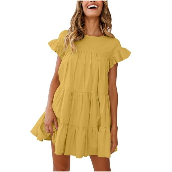 Cotton Linen Sundresses for Women Ruffle Short Sleeve Layered Hem Mini Dress Casual Solid Color Crewneck Keyhole Back Dresses