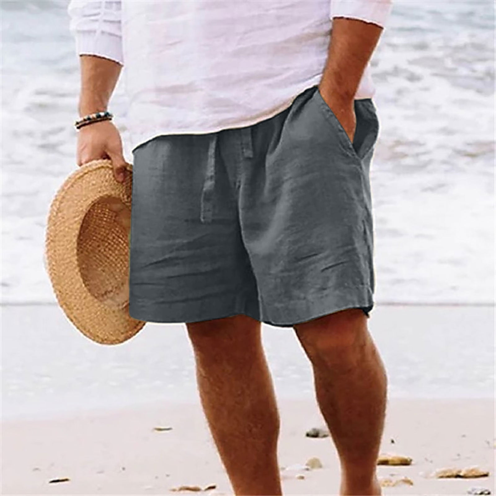 Cotton Linen Sweat Shorts for Men Solid Color Loose Straight Leg Shorts Plus Size Drawstring Winter Casual Short with Pockets