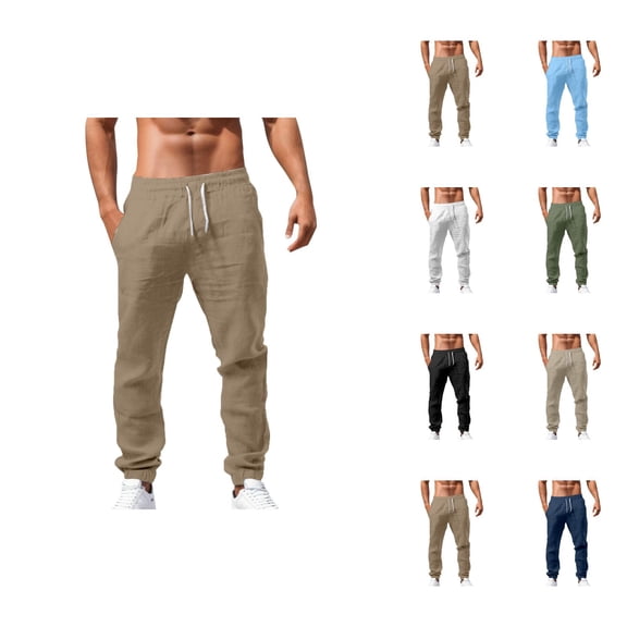 Cotton Linen Sweatpants for Men 2025 Loose Fit Breathable Drawstring Joggers with Pockets Mens Casual Pants Trousers