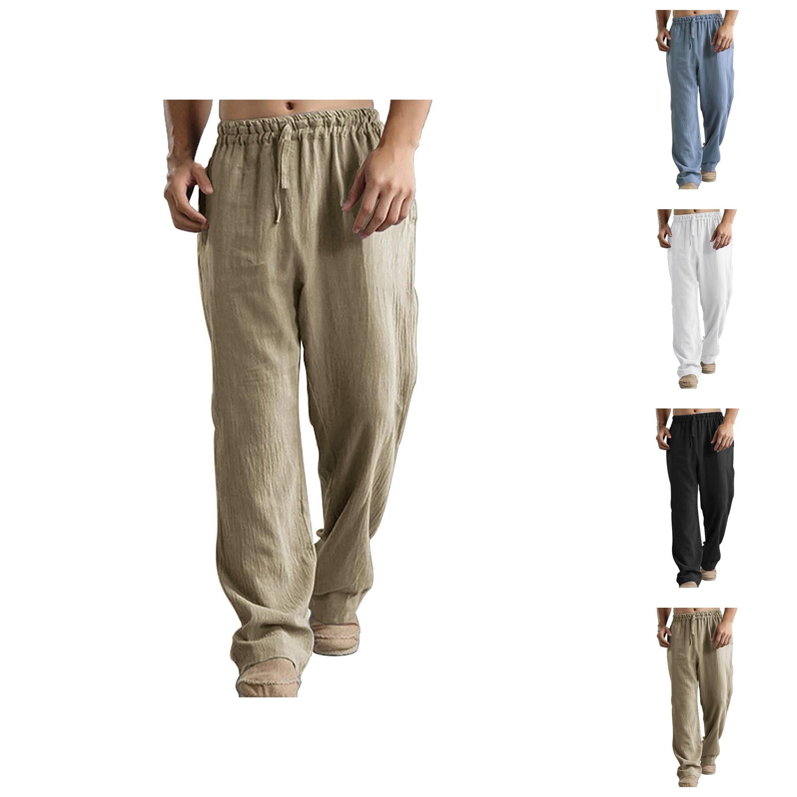 Cotton Linen Sweatpants for Men Solid Color Elastic Waist Drawstring ...