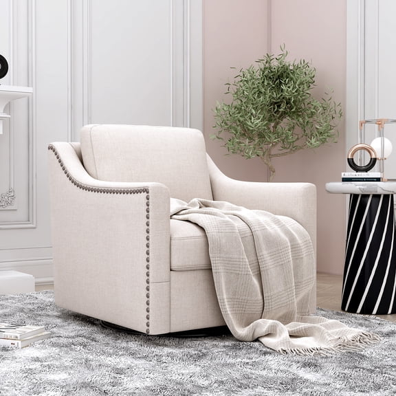 Cotton Linen Swivel Armchair, White, Ergonomic Design For A Comfortable Sit In Living & Bedroom Areas White 360 Degree Chair With Design, Fabric Room