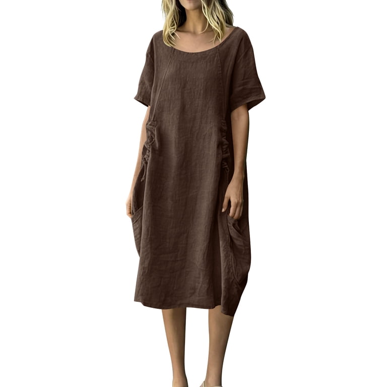 drawstring t shirt dress Cotton Linen T Shirt Dress for Women Solid Drawstring Ruched Casual  Crewneck Dresses with Pockets