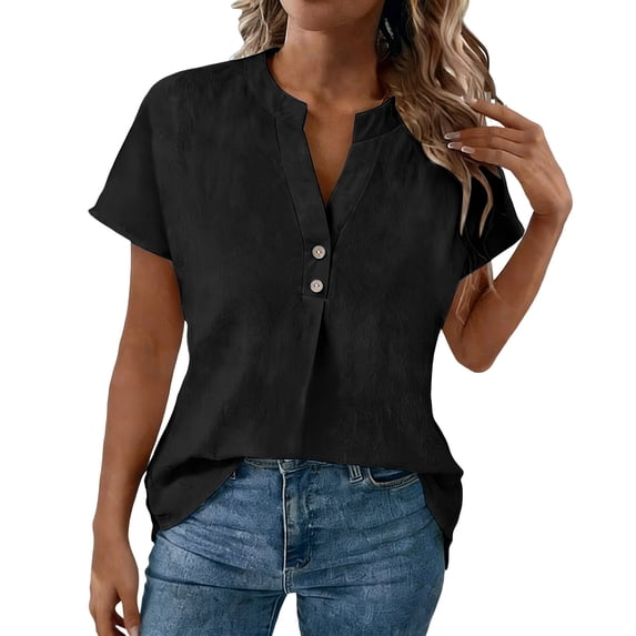 Cotton Linen T Shirt for Women V Neck Button Down Short Sleeve Blouses Solid Lightweight Shirts Loose Fit Business Casual Outfits Going Out Tops 2026 Summer Beach Vacation Outfits