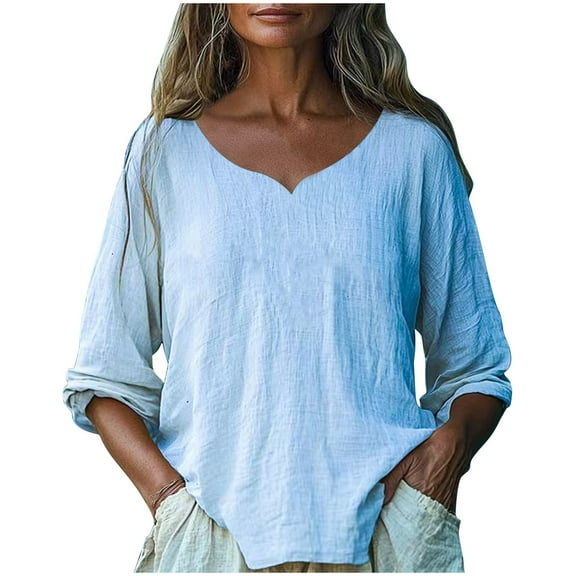 Cotton Linen T Shirts Women Solid Color Beach Vacation T-Shirt V Neck Long Sleeve Casual Fall Flowy Tops