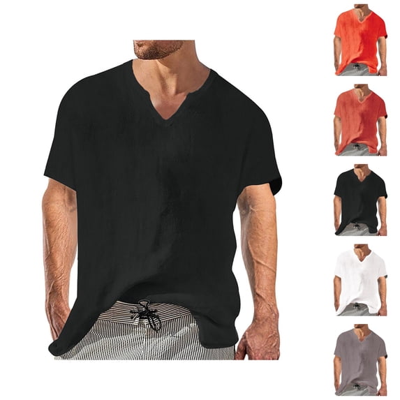 Cotton Linen T Shirts for Man 2026 Summer Casual Lightweight Relaxed Fit Short Sleeve V Neck Beach Shirt