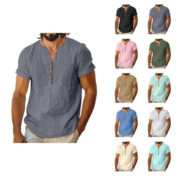 Cotton Linen T Shirts for Man Short Sleeve Lightweight Breathable V Neck Relaxed Fit Casual Tshirts Mens Tees
