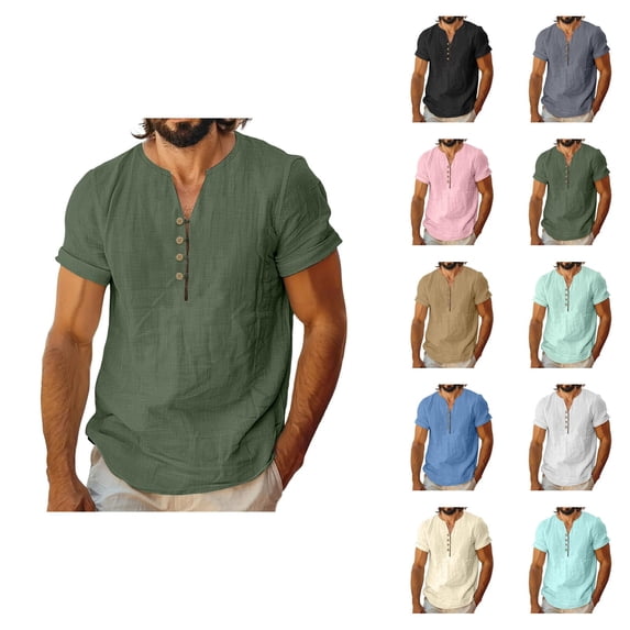 Cotton Linen T Shirts for Man Short Sleeve Lightweight Breathable V Neck Relaxed Fit Casual Tshirts Mens Tees