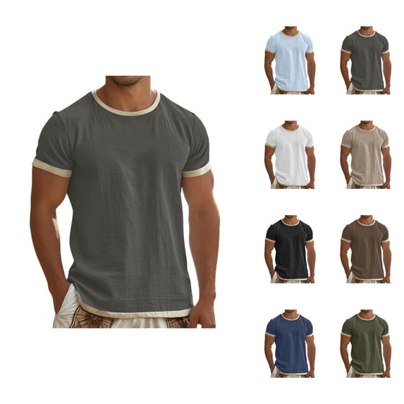 Cotton Linen T Shirts for Man Summer Casual Lightweight Breathable Short Sleeve Crewneck Loose Tshirts