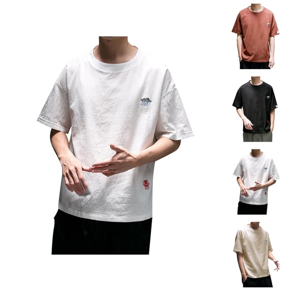 Cotton Linen T Shirts for Man Summer Casual Short Sleeve Crewneck Lightweight Breathable Relaxed Fit Tshirts