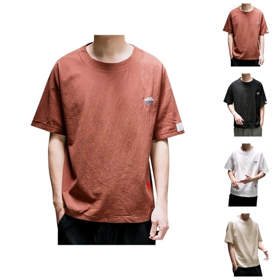 Cotton Linen T Shirts for Man Summer Casual Short Sleeve Crewneck Lightweight Breathable Relaxed Fit Tshirts