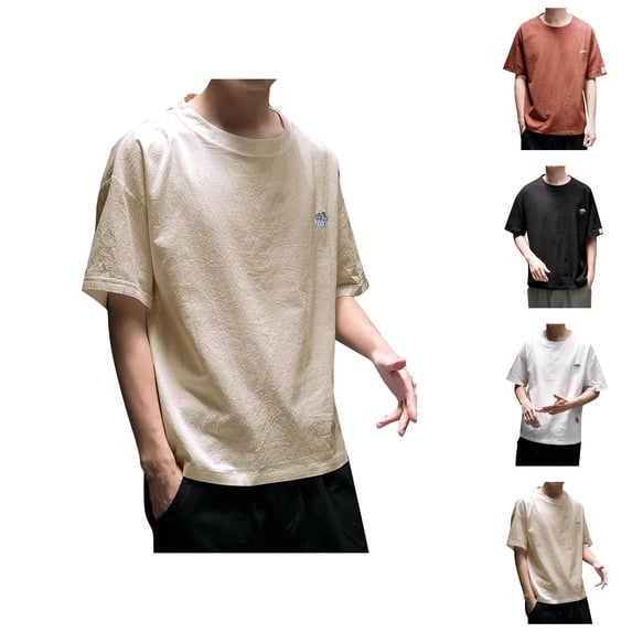 Cotton Linen T Shirts for Man Summer Casual Short Sleeve Crewneck Lightweight Breathable Relaxed Fit Tshirts