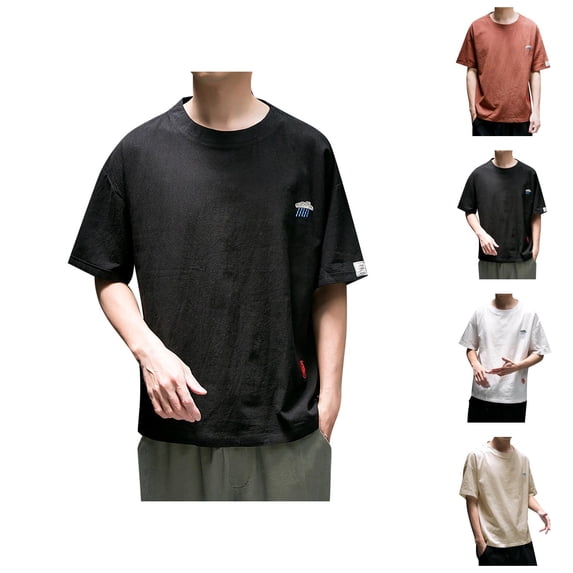 Cotton Linen T Shirts for Man Summer Casual Short Sleeve Crewneck Lightweight Breathable Relaxed Fit Tshirts