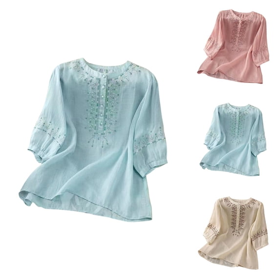 Cotton Linen T Shirts for Women 2026 Summer Casual Elbow Sleeve Crewneck Vintage Boho Embroidered Tee Shirt