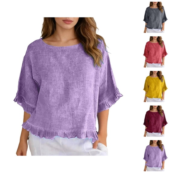Cotton Linen T Shirts for Women 2026 Summer Casual Lightweight Elbow ...