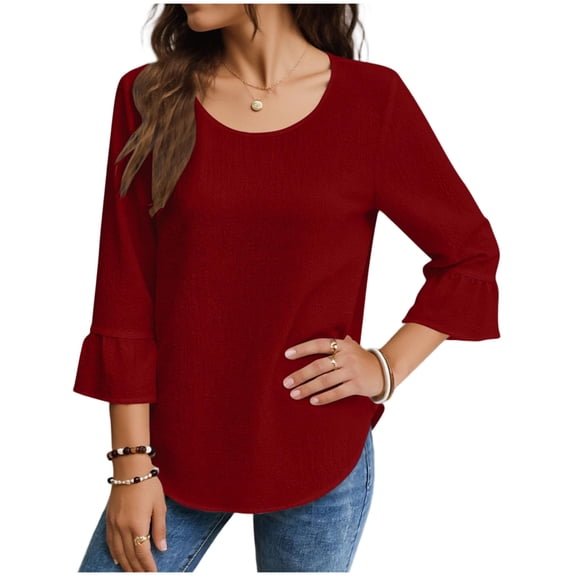 Cotton Linen T Shirts for Women Casual Crew Neck Puff 3/4 Sleeve Pullover Tees Shirts Solid Color Summer T-Shirt
