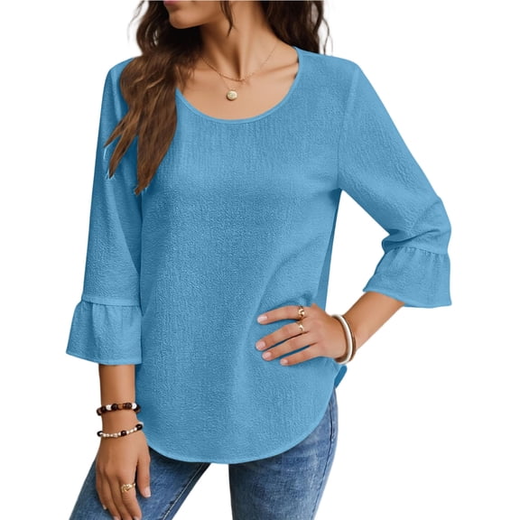 Cotton Linen T Shirts for Women Casual Crew Neck Puff 3/4 Sleeve Pullover Tees Shirts Solid Color Summer T-Shirt