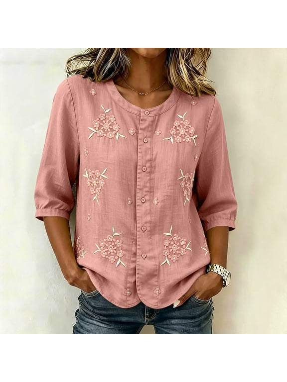 Cotton Linen T Shirts for Women Elbow Length Sleeve Tops Womens Button Down Crew Neck Summer Fall Tshirts