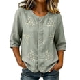thumbnail image 1 of Cotton Linen T Shirts for Women Elbow Length Sleeve Tops Womens Button Down Crew Neck Summer Fall Tshirts, 1 of 6