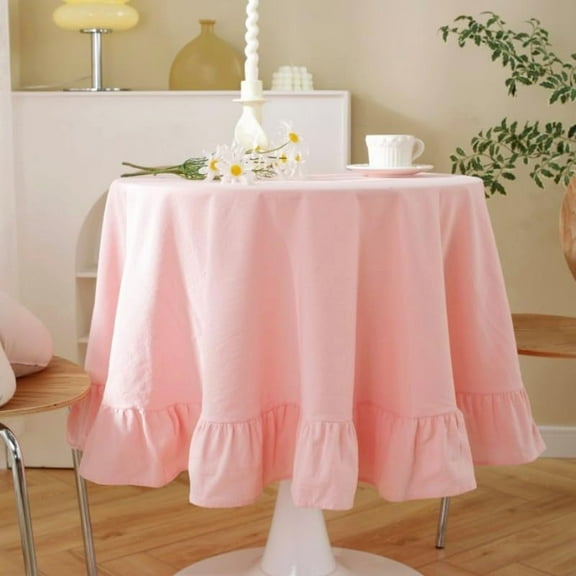 Cotton Linen Table Cloths Retro Farmhouse Heavy Fabric Table Cover Pink White Washable Table Top for Parties Coffee Kitchen Picnic Round Table Cloth (Pink,Round, 100cm )