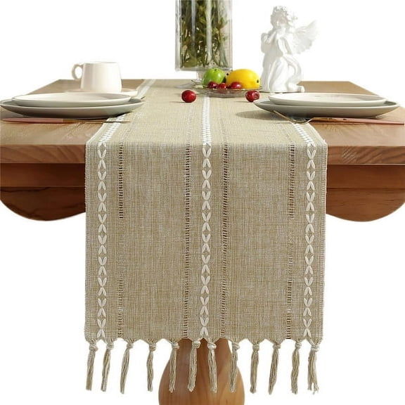 Cotton Linen Table Flag Table Cloth with Fringe Long Table Mat for Home Dining Table Farmhouse Rustic Decor Wedding Party Buffet Centerpiece Table Runner