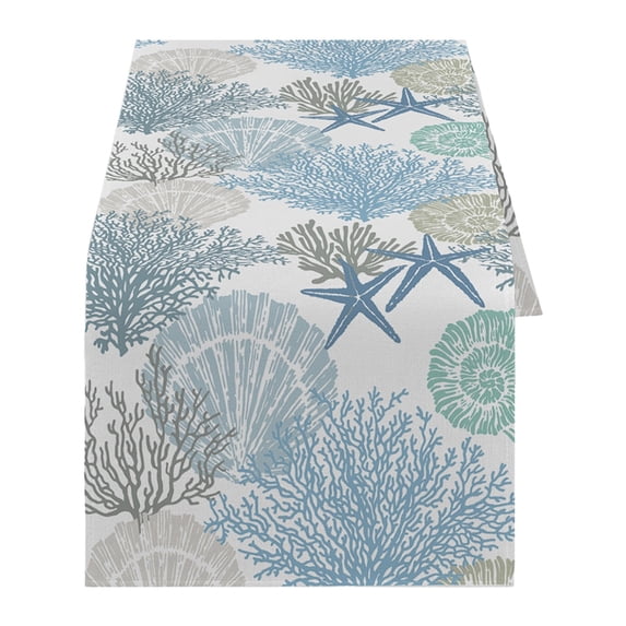 Cotton Linen Table Runner, 33 Inch Wide Sea Starfish and Coral Ocean Theme Tablecloth, Wrinkle Resistant Decorative Strip for Dining Table Kitchen Decor, Coastal Beach Summer Table Decor