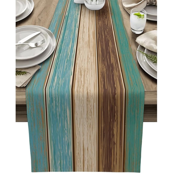 Cotton Linen Table Runner Dresser Scarves Extra Long 13X120 Inches Retro Rustic Barn Wood&Teal Green Brown Non-Slip Burlap Rectangle Table Setting Decor for Wedding Party Holiday Dinner Home
